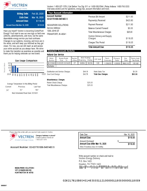 USA Vectren business utility bill download Word and PDF example PSD template